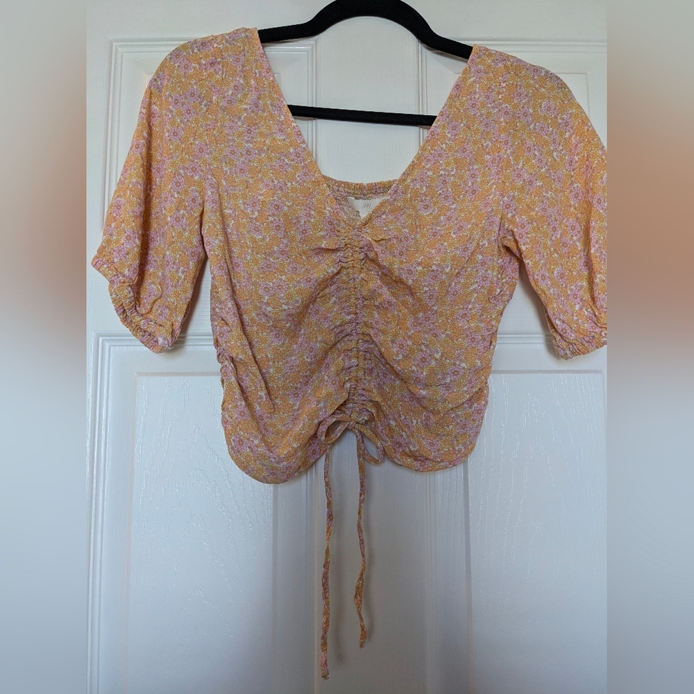 H&M Yellow Pink Floral Drawstring V-Neck Crop Top Rouched Puff Sleeve Sz M